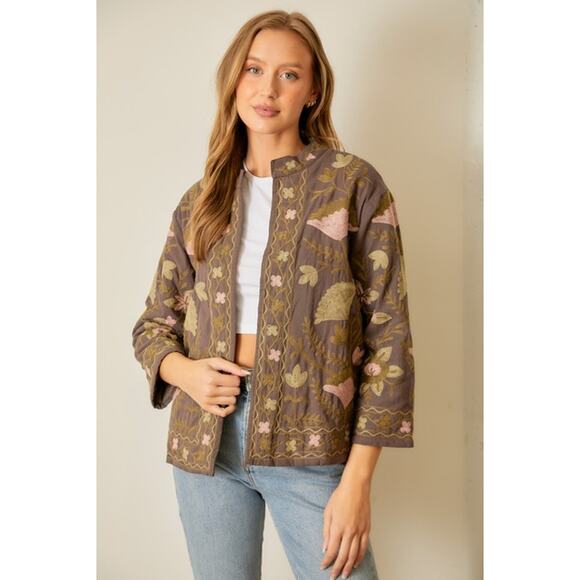 Polagram Charcoal Size Small Floral Printed Cotton Embroidered Jacket